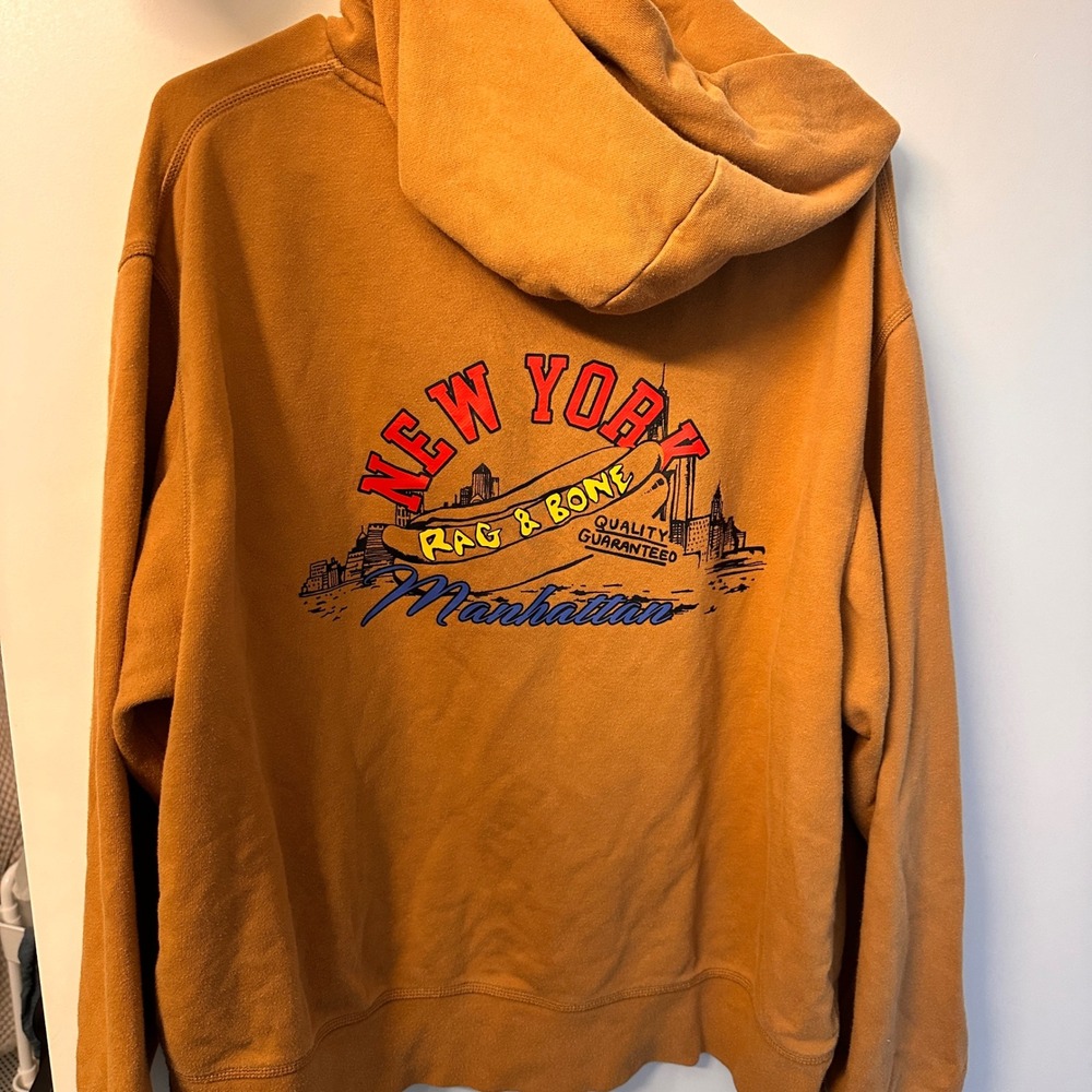 RAG & BONE New York Hoodie Mens XL Tan Sweatshirt Manhattan Hot Dog Cozy